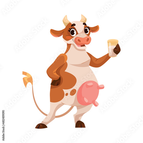 Funny Cow Character with Udder and Horns Drink Milk from Glass Vector Illustration