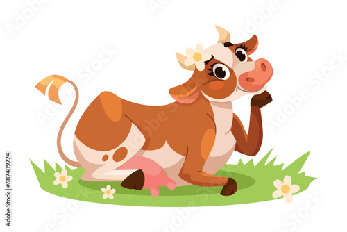 Funny Cow Character with Udder and Horns Lying on Green Meadow Vector Illustration
