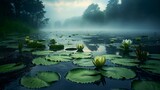 an image of a misty lake with lily pads