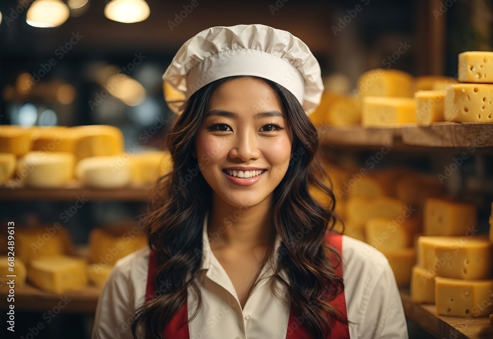 charming beautiful white women wearing cheese maker chef hat, cheese on the background