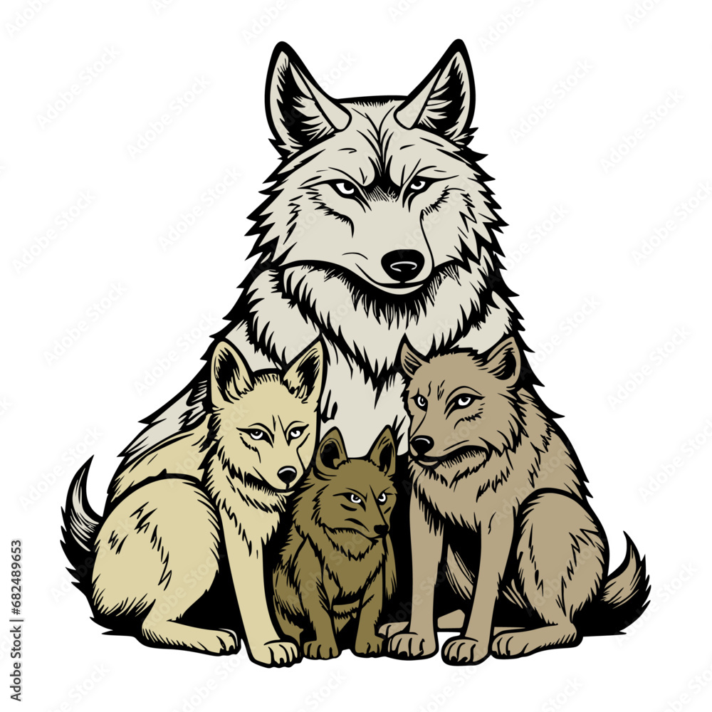 Vector drawing of wolf mother and offspring. Stock Vector | Adobe Stock