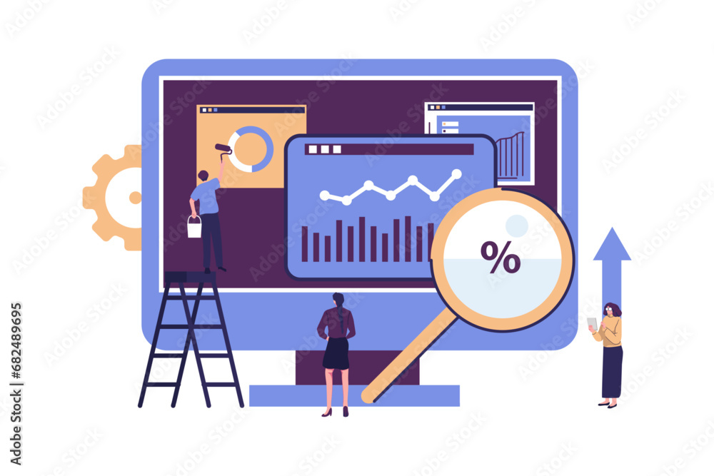 Creative teamwork. People are building a business project on the Internet. The monitor screen is a building site. Collective performance of tasks. Creative teamwork. People are building a business project on the Internet. The monitor screen is a building site. Collective performance of tasks.
