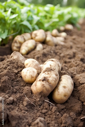 Potatoes in soil at garden bed. Freshly harvested organic agricultural potato harvest. 