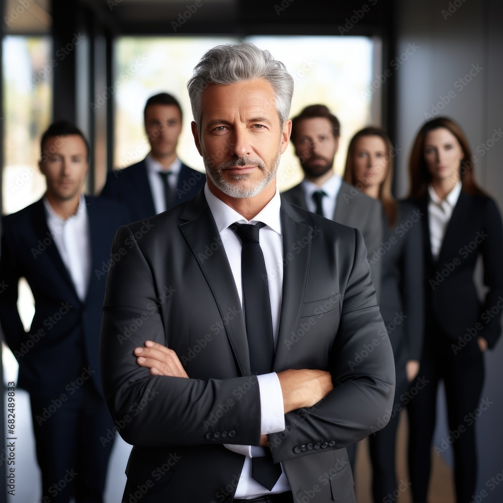 A handsome 50yo senior executive in a power suit confidently leading a diverse team A handsome 50yo senior executive in a power suit confidently leading a diverse team