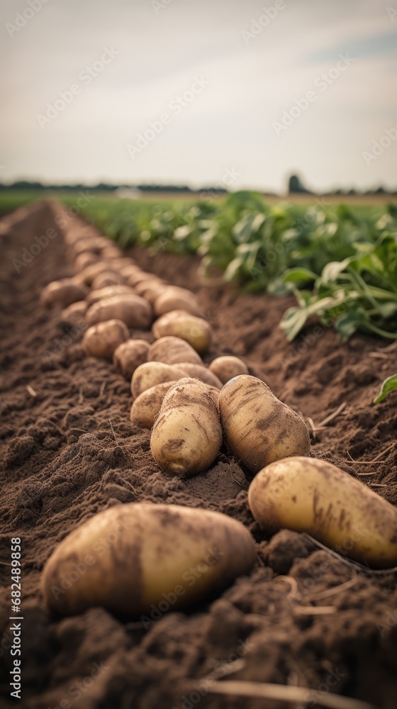 Potatoes in soil at garden bed. Freshly harvested organic agricultural potato harvest. Potatoes in soil at garden bed. Freshly harvested organic agricultural potato harvest.