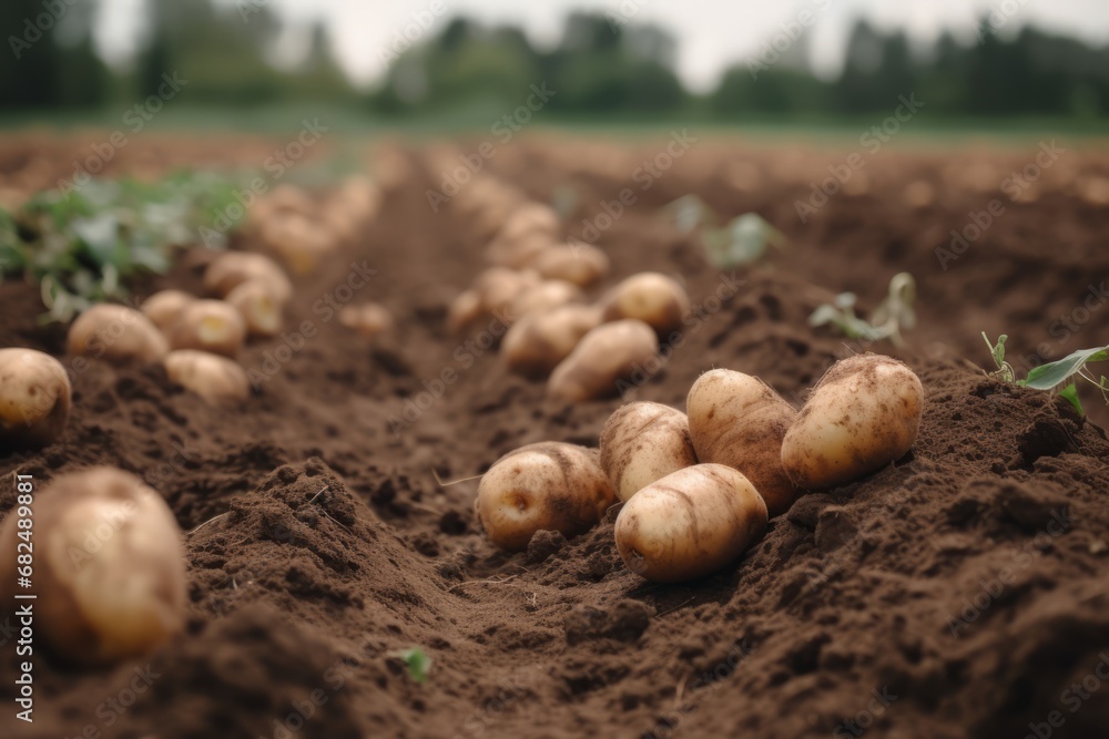 Potatoes in soil at garden bed. Freshly harvested organic agricultural potato harvest. 