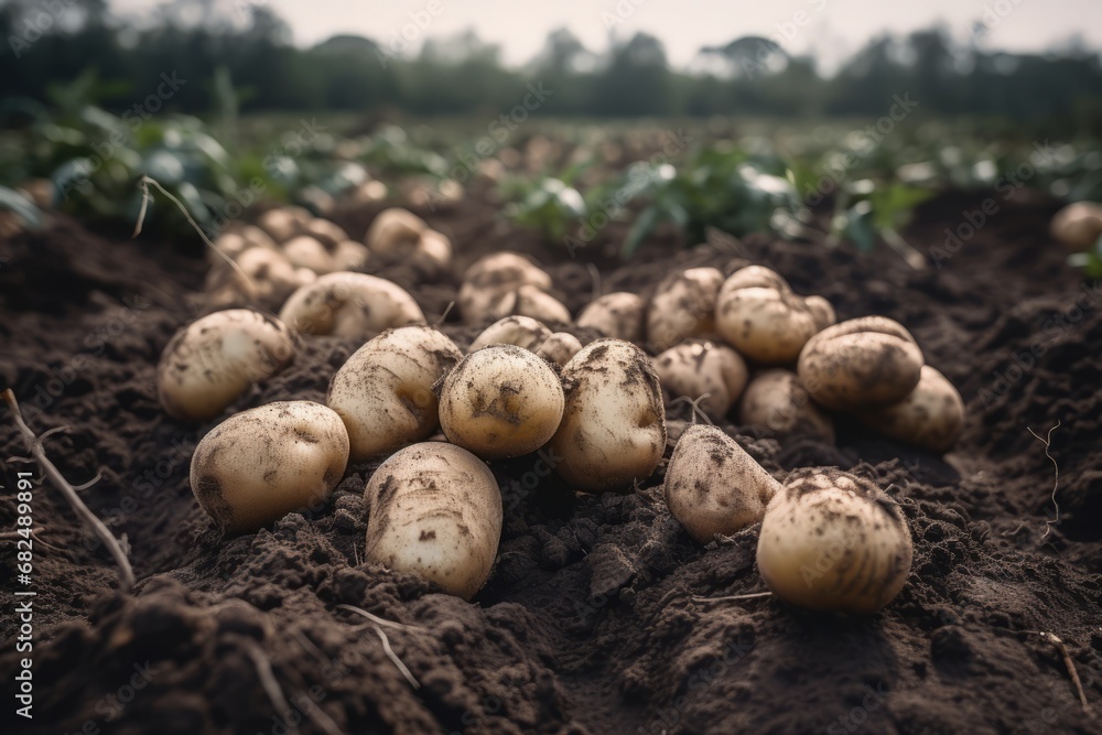 Potatoes in soil at garden bed. Freshly harvested organic agricultural potato harvest. Potatoes in soil at garden bed. Freshly harvested organic agricultural potato harvest.
