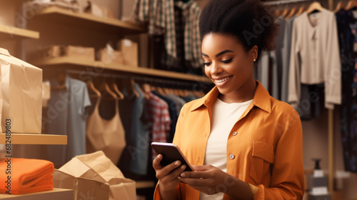 Black woman, fashion designer carries out communication, ordering, sales and logistics in a boutique store on her cell phone.