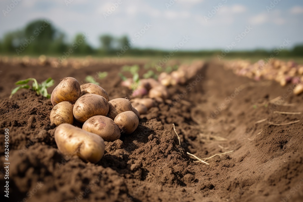 Potatoes in soil at garden bed. Freshly harvested organic agricultural potato harvest. 