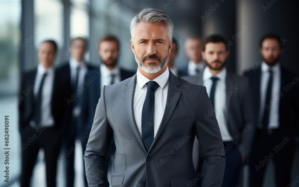 A handsome 50yo senior executive in a power suit confidently leading a diverse team A handsome 50yo senior executive in a power suit confidently leading a diverse team