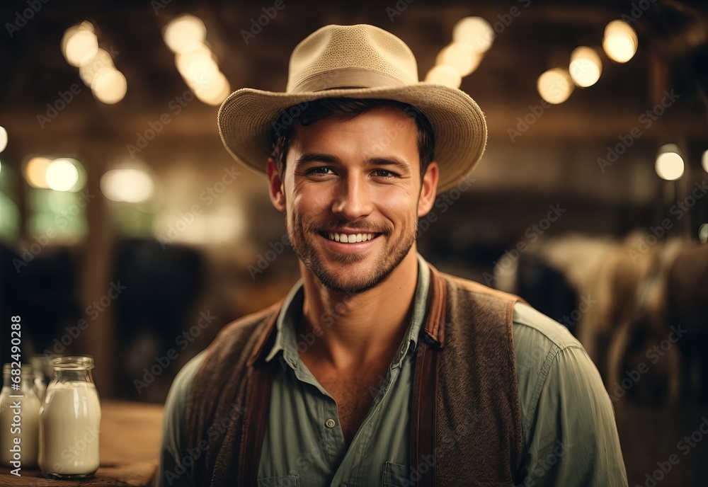 charming handsome men wearing farmer milking cows hat, bottle of milk on the background charming handsome men wearing farmer milking cows hat, bottle of milk on the background