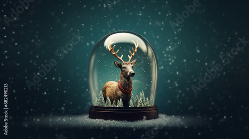 Playful Christmas Holidays Snow Globe with Reindeer and Snowfall on Emerald Green Background with Twinkle Lights Background Effect - Xmas Decor Theme with Copy Space photo