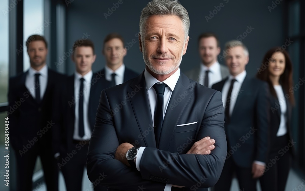 A handsome 50yo senior executive in a power suit confidently leading a diverse team A handsome 50yo senior executive in a power suit confidently leading a diverse team