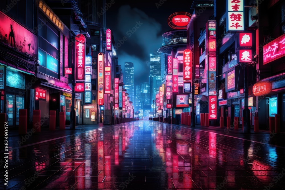 a city at night with neon signs and neon lights Generative AI