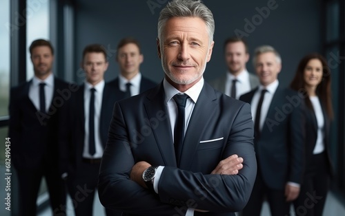 A handsome 50yo senior executive in a power suit confidently leading a diverse team
