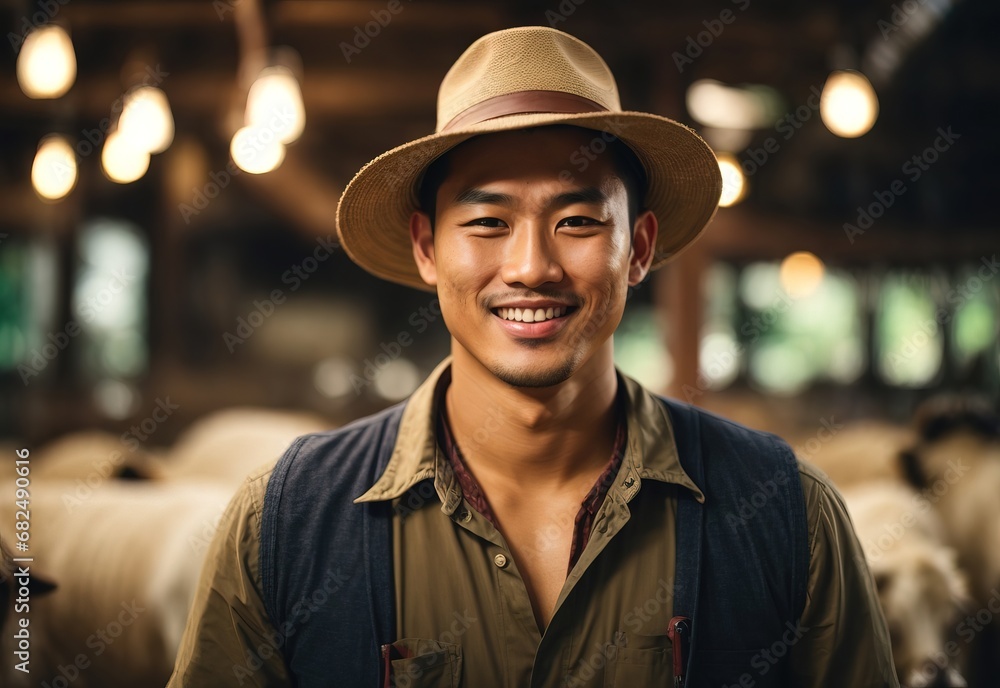 charming handsome asian men wearing farmer milking cows hat, bottle of milk on the background