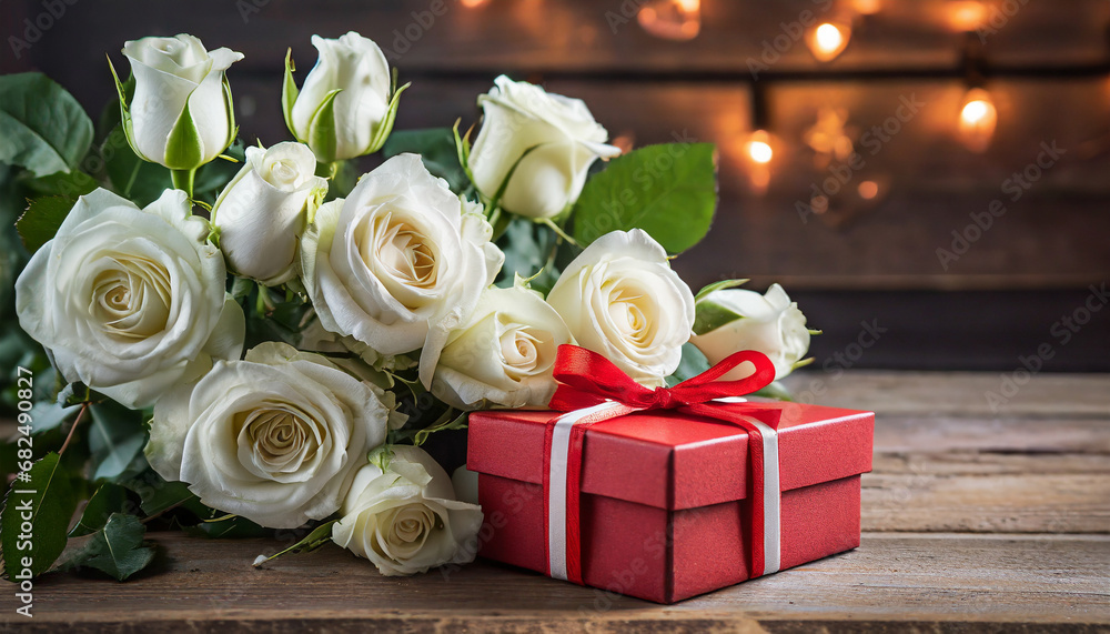 Valentine's day decoration, a bouquet of white roses and gift box. Valentine's day decoration, a bouquet of white roses and gift box.