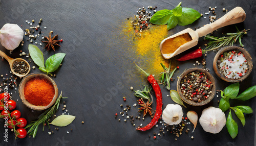 Kinds of spices on dark background.