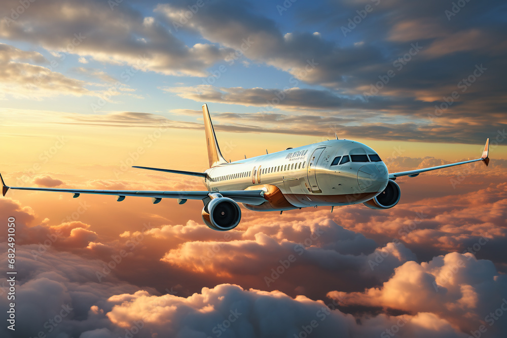 Airplane in the cloudy sky, closeup