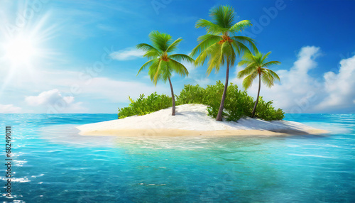 Palm trees on sandy island in the ocean. Clear blue. water. Tropical landscape 