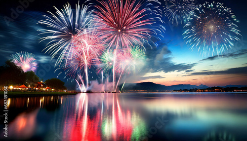 Beautiful night sky with colorful fireworks on the lake.