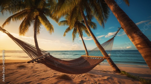 A hammock hanging between two palm trees, swaying gently in the ocean breeze. © Mustafa_Art
