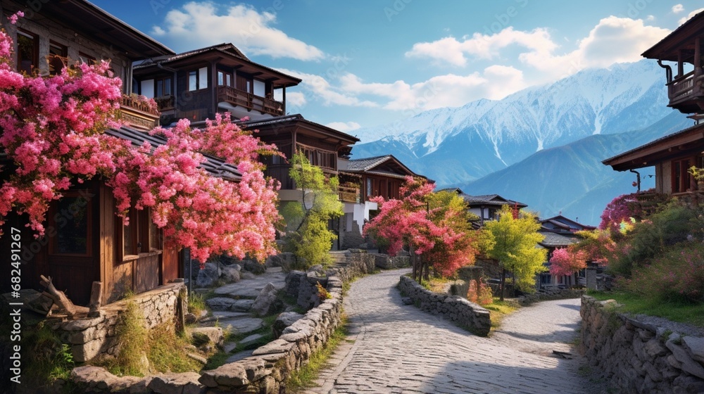 an image of a mountain village with colorful flowers in bloom