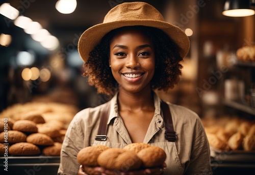 charming beautiful black women wearing bread maker costume and hat, bread and cookie on the background photo