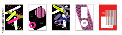 Geometric cover design, set of 5 covers. Abstract unusual background in Memphis style. Bright geometric shapes in random order