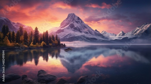 an image of a mountain lake with a backdrop of alpenglow © Wajid