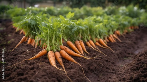 Carrots in soil at garden bed. Freshly harvested organic agricultural carrot harvest. 