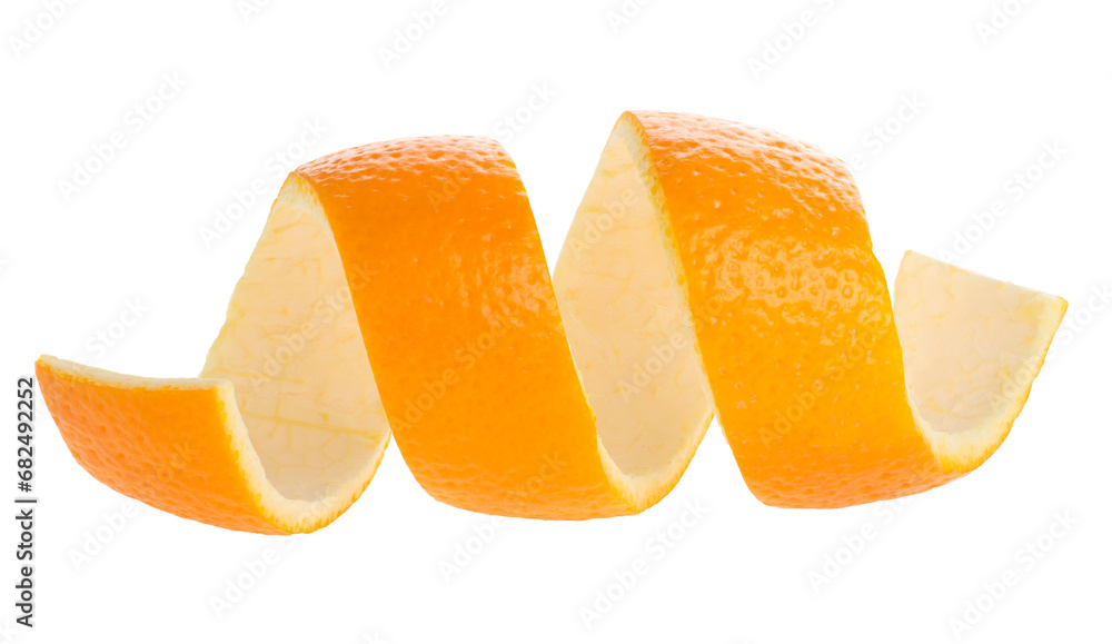 Spiral form of orange skin isolated on a white background, top view. Orange peel. Citron. Spiral form of orange skin isolated on a white background, top view. Orange peel. Citron.