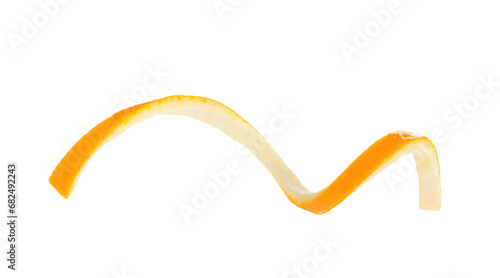 Spiral form of orange skin isolated on a white background, top view. Orange peel. Citron.