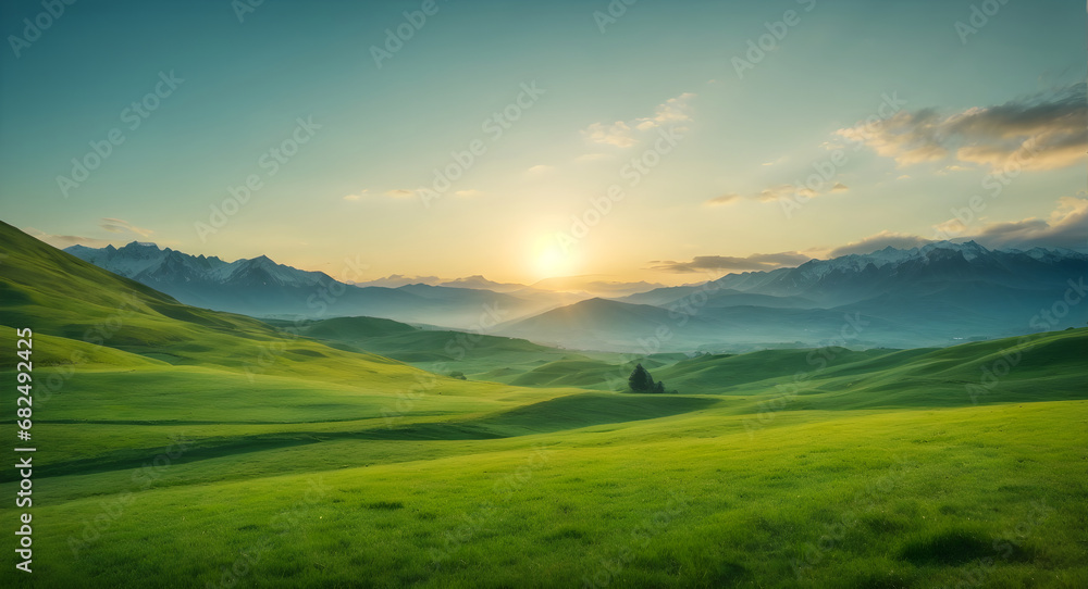 beautiful green meadow and mountains in background with blue sky with sunrise