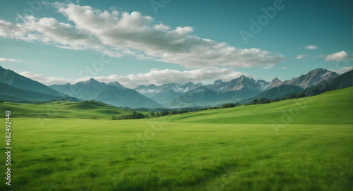 beautiful green meadow and mountains in background with blue sky © Nisit