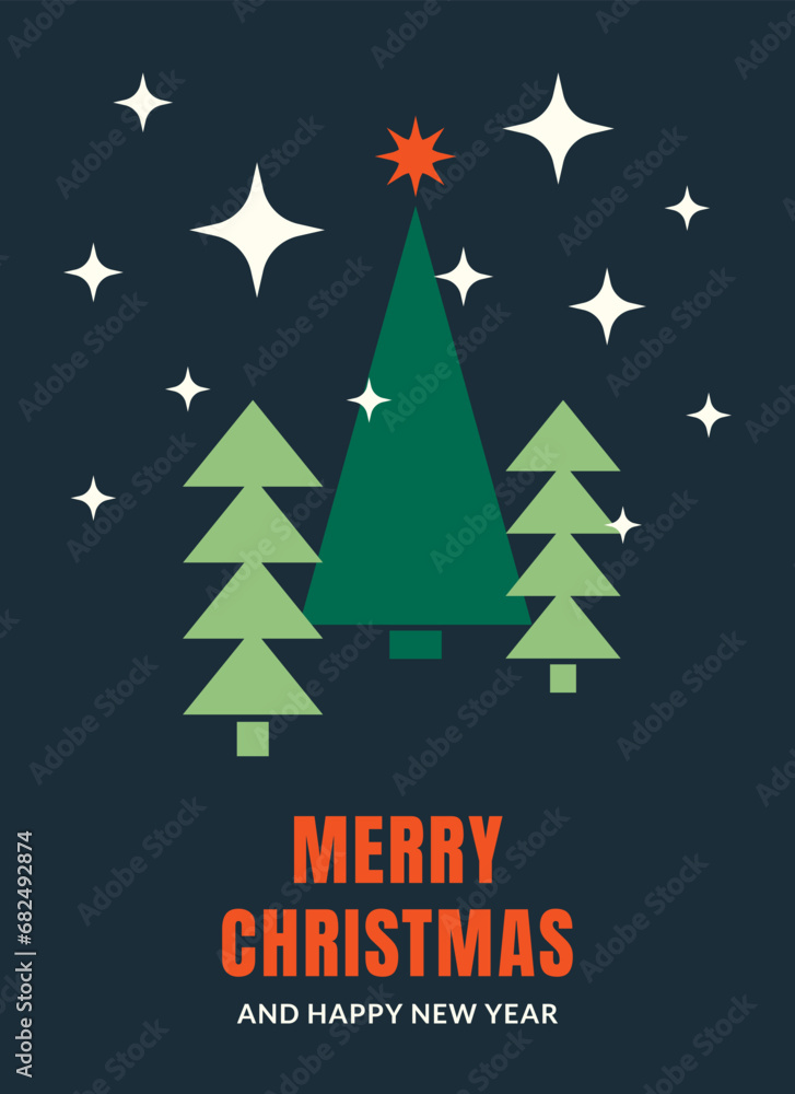 Merry christmas and happy new year card, poster, flyer with minimalistic Christmas trees and stars on a dark background. 