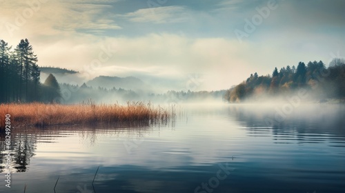 an image of a peaceful freshwater lake with a misty morning haze © Wajid