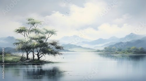 an image of a peaceful lakeside scene with a cool, gentle breeze