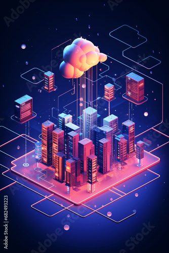 Futuristic Cloud Storage Isometric Digital Data Transmission Service