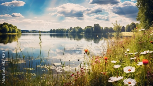 an image of a picturesque lake with vibrant wildflowers
