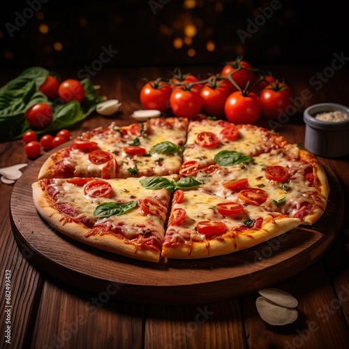 A delicious pizza, topped with melted cheese, fresh tomatoes, and a variety of savory toppings, Generative AI 
