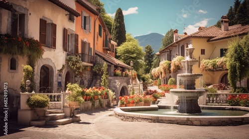 an image of a picturesque European village with a quaint village square fountain