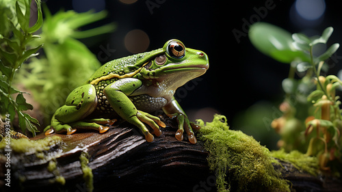 green frog on a green moss