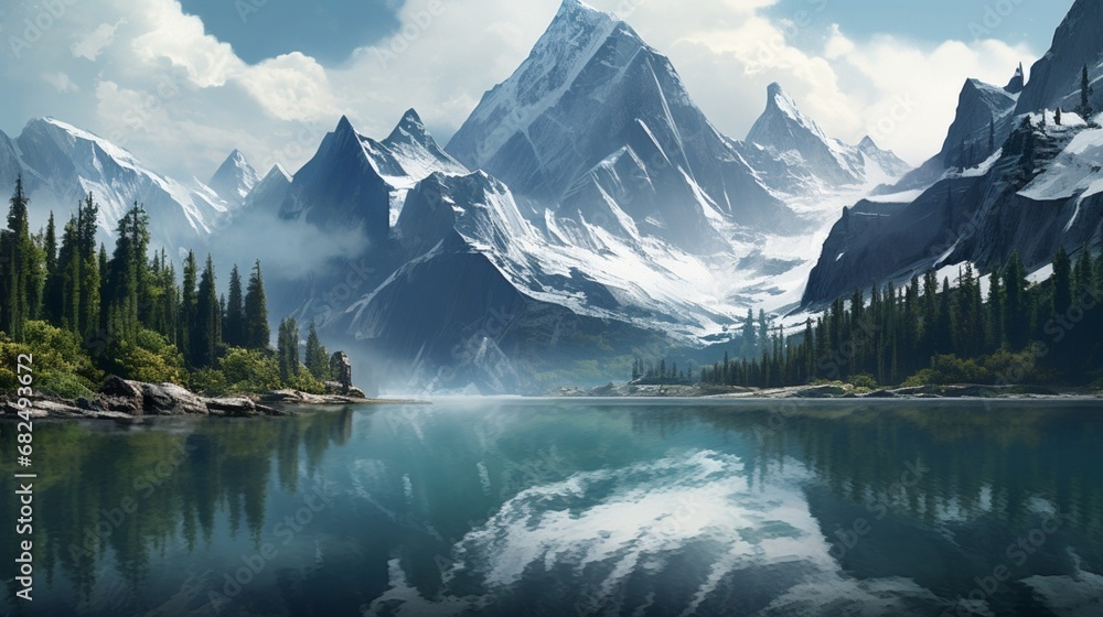 an image of a picturesque lake with jagged mountain cliffs - obrazy, fototapety, plakaty 