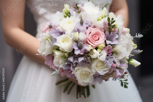 The bride holds soft wedding bouquet of roses, peonies and eustoma. Generative AI