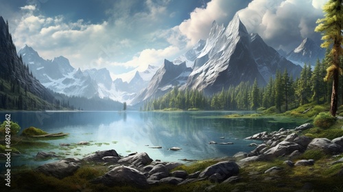 an image of a picturesque lake with jagged mountain cliffs