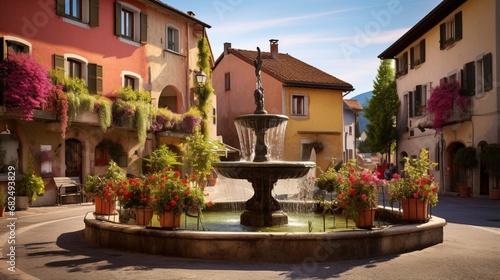 an image of a picturesque European village with a quaint village square fountain