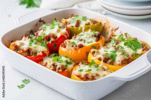 Stuffed peppers with meat in a white baking dish in a bright kitchen. Generative AI