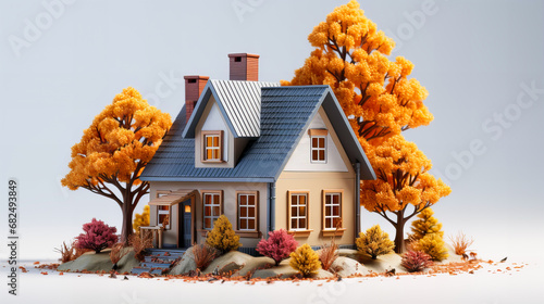 Miniature model of a house with trees and grass on white background. 3d rendering. Generative AI technology.