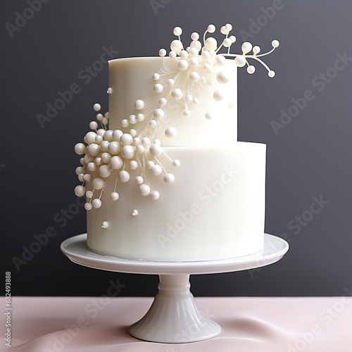 A minimalist white wedding cake with pearls, Generative AI © moumeni